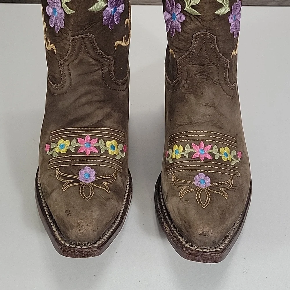 Girls El General Brown Leather Cowboy Boots with Floral Embroidery Sz 6
